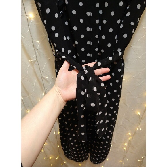 WHO WHAT WEAR XXL BLACK DRESS MIDI V NECK POLKA DOT RUFFLE SLEEVE TIE WHIMSIGOTH - Picture 5 of 10